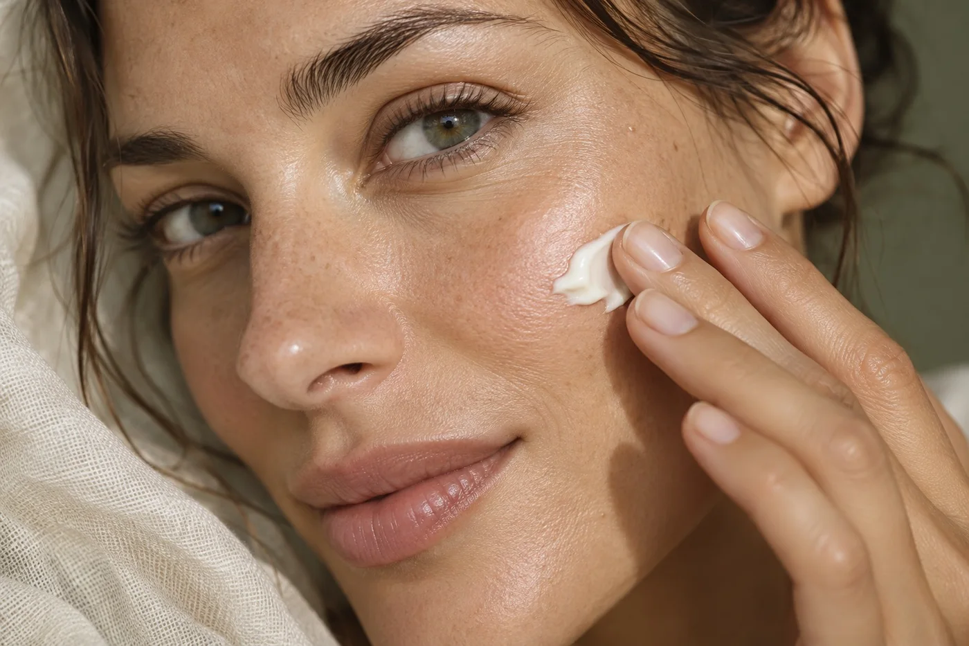 Close-up of natural skin and cream applied with a fingertip