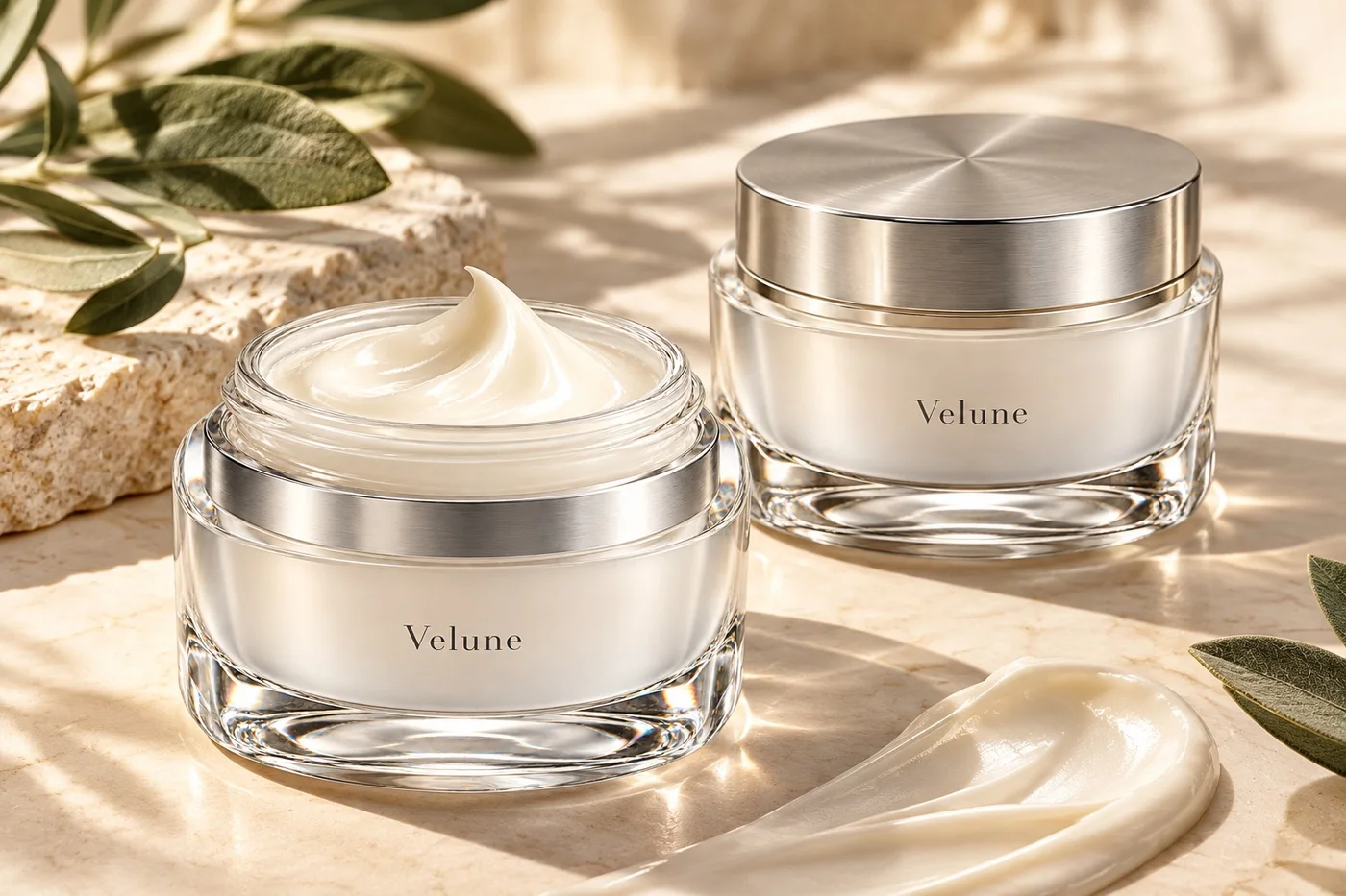 A considered collection of glass jars and cream textures