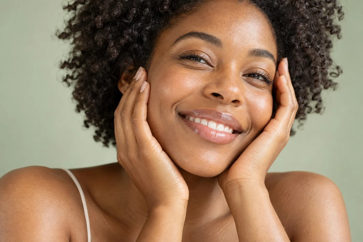 A smiling woman resting her hands against her cheeks