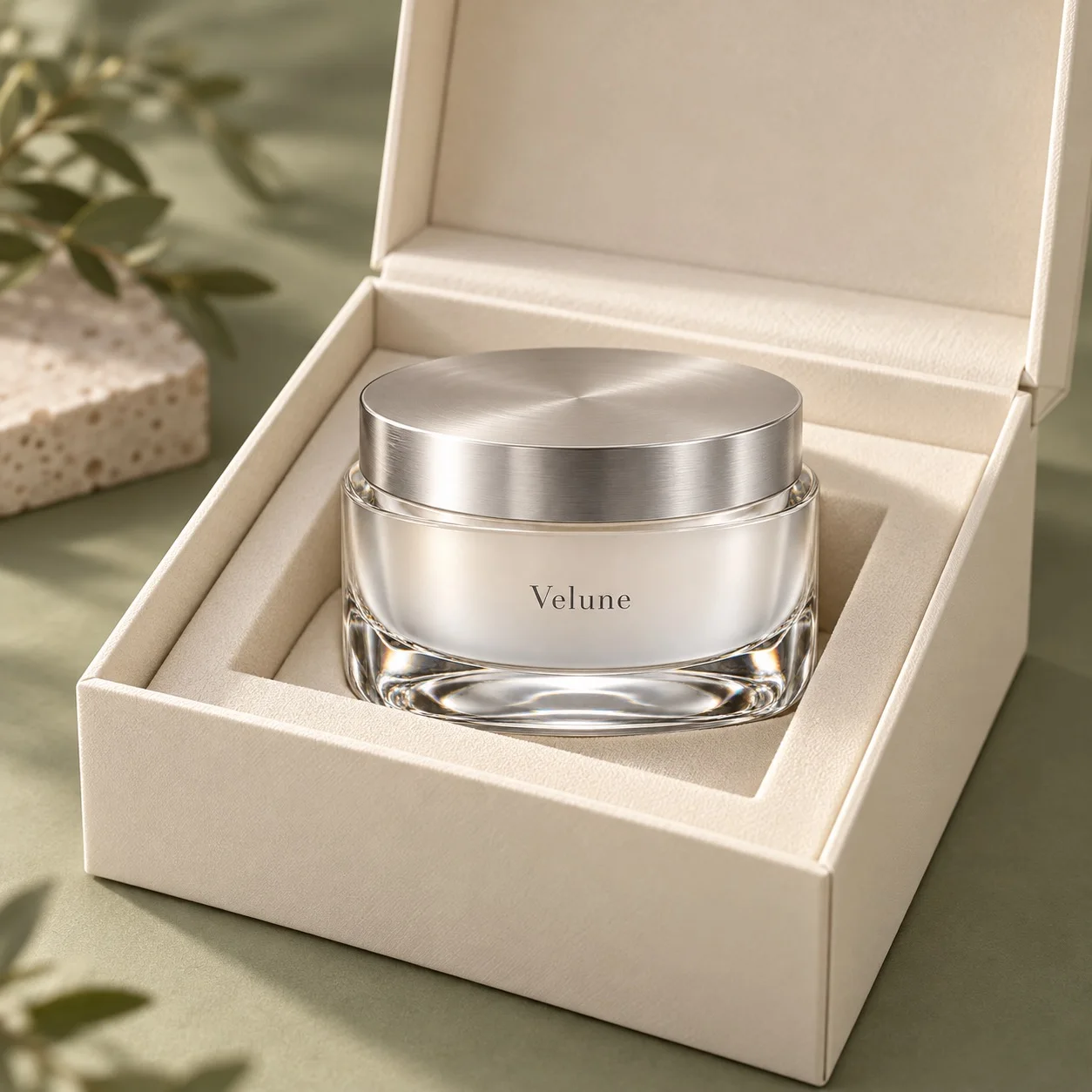 Velune glass jar nestled inside an ivory presentation box