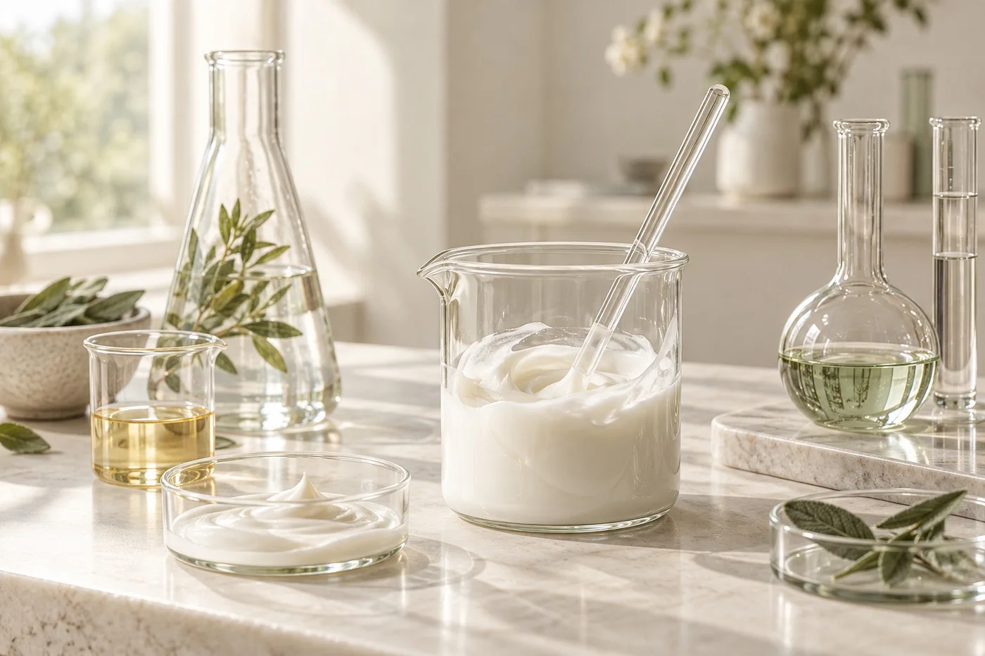 Glass laboratory vessels and ivory cream in a clean cosmetic workspace